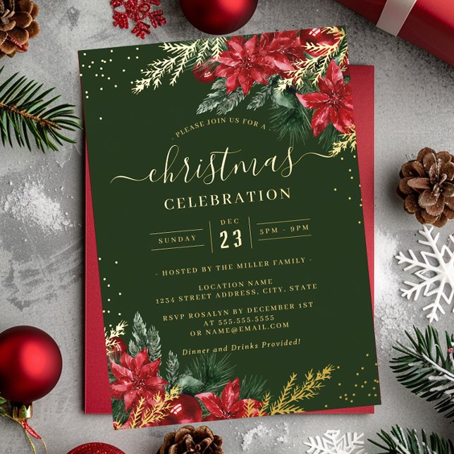 Red Green Gold Leaf Foliage Christmas Party       Foil Invitation (Creator Uploaded)