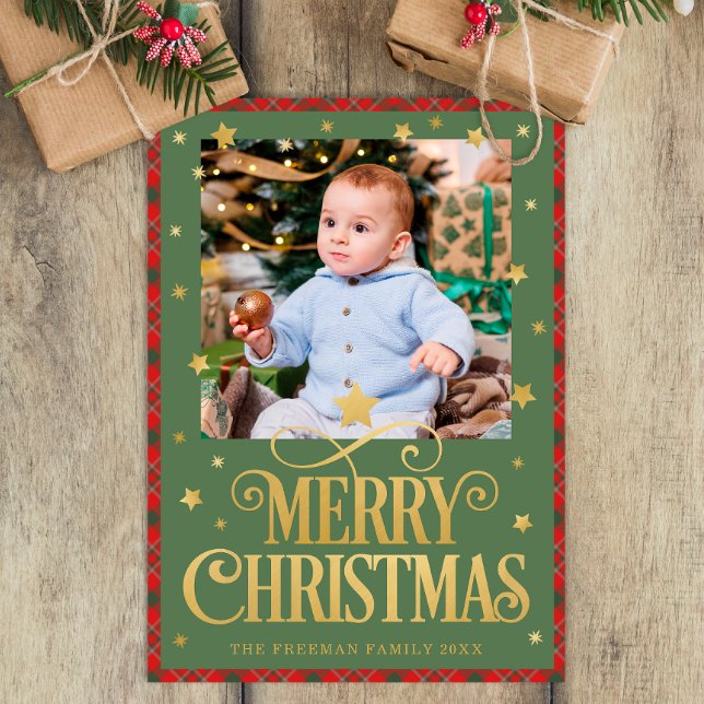 Red Green Gold Merry Christmas Photo Card (Classic Merry Christmas Photo Greeting Card)