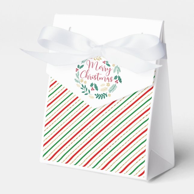 Red Green Gold Merry Christmas Striped Pattern Favor Boxes (Front Side)