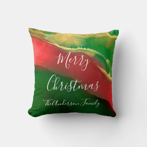 Red Green Gold Monogram Merry Christmas Throw Pillow