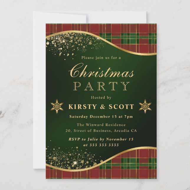 Red, Green & Gold Plaid Christmas Party Invitation (Front)