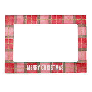 Red Green Gold Plaid Stripes Christmas Magnetic Frame