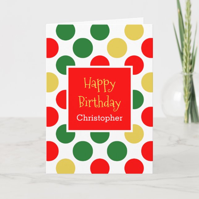 Red Green Gold Polka Dot Christmas Birthday Card (Front)