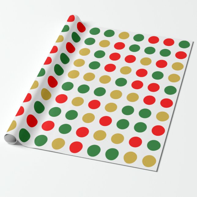 Red Green Gold Polka Dot Christmas Wrapping Paper (Unrolled)
