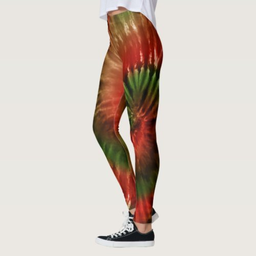 Red Green  Gold Psychedelic Tie Dye Christmas Leggings