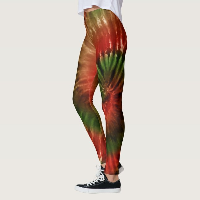 Red Green & Gold Psychedelic Tie Dye Christmas Leggings (Left)