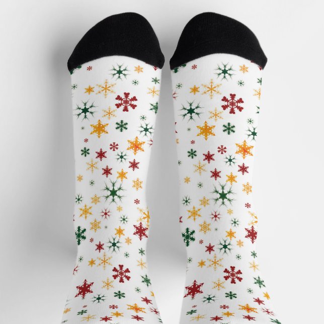 Red Green Gold Retro Snowflake Christmas Pattern Socks (Top)