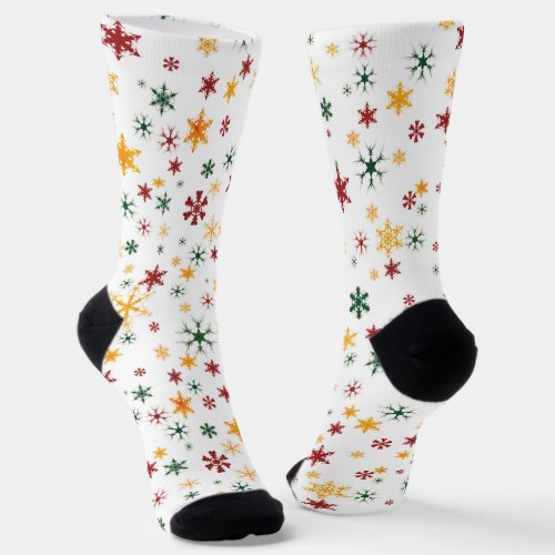 Red Green Gold Retro Snowflake Christmas Pattern Socks