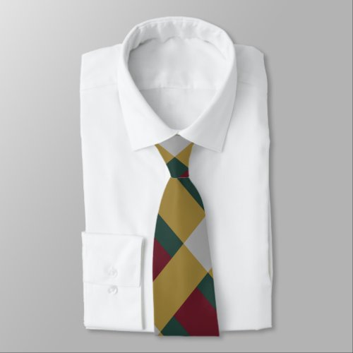 Red Green Gold Silver Color Block Print Neck Tie