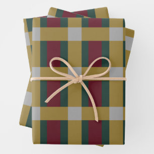 Red Green Gold Silver Color Block Print Wrapping Paper Sheets