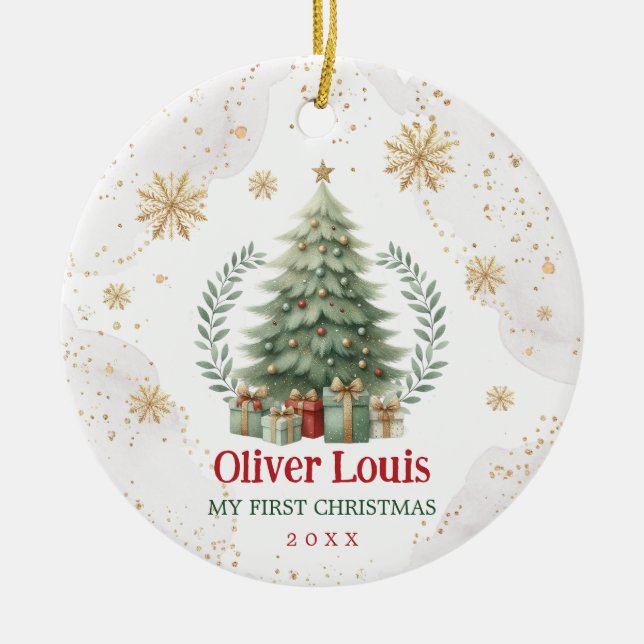 Red Green Gold Snowflake Baby 1st Christmas Ceramic Ornament (Front)