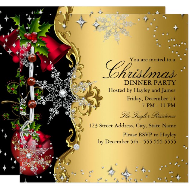 Red Green Gold Snowflake Christmas Dinner Party 3 Invitation