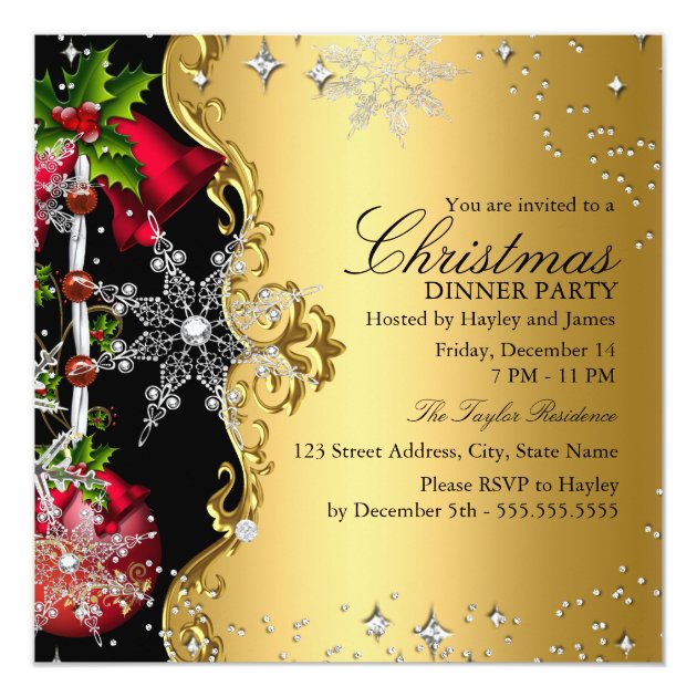 Red Green Gold Snowflake Christmas Dinner Party 3 Invitation