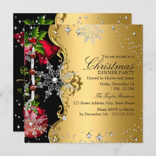 Red green Gold Snowflake Christmas Dinner Party 3 Invitation