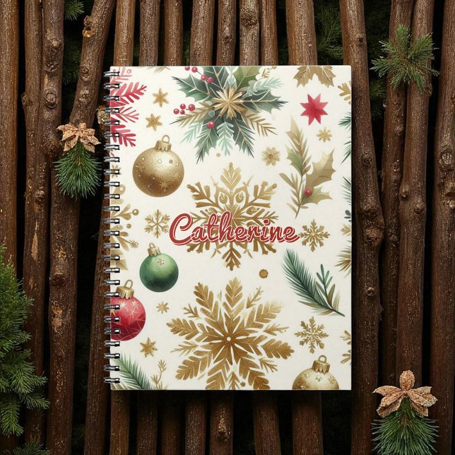 Red Green Gold Snowflake Floral Holiday Notebook (Creator Uploaded)
