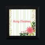 Red Green Gold Sparkle Poinsettia Christmas  Gift Box<br><div class="desc">Green and White Stripe with gold sparkles and a poinsettia Christmas gift box. Personalize with Merry Christmas or change the words to you wish.</div>