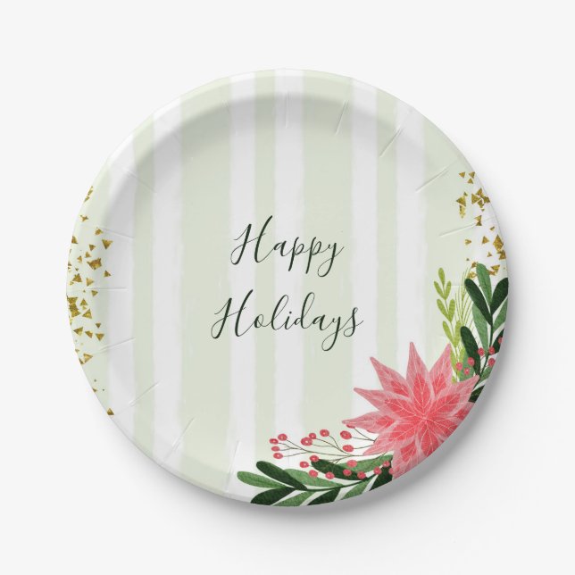 Red Green Gold Sparkle Poinsettia Christmas  Paper Plates (Front)