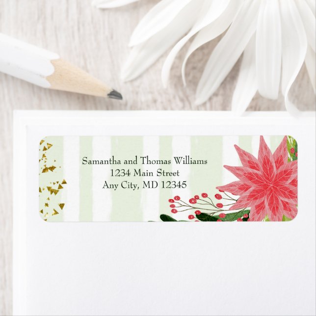 Red Green Gold Sparkle Poinsettia Christmas return Label (Insitu)