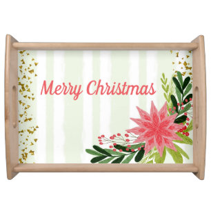 Red Green Gold Sparkle Poinsettia Christmas Serving Tray