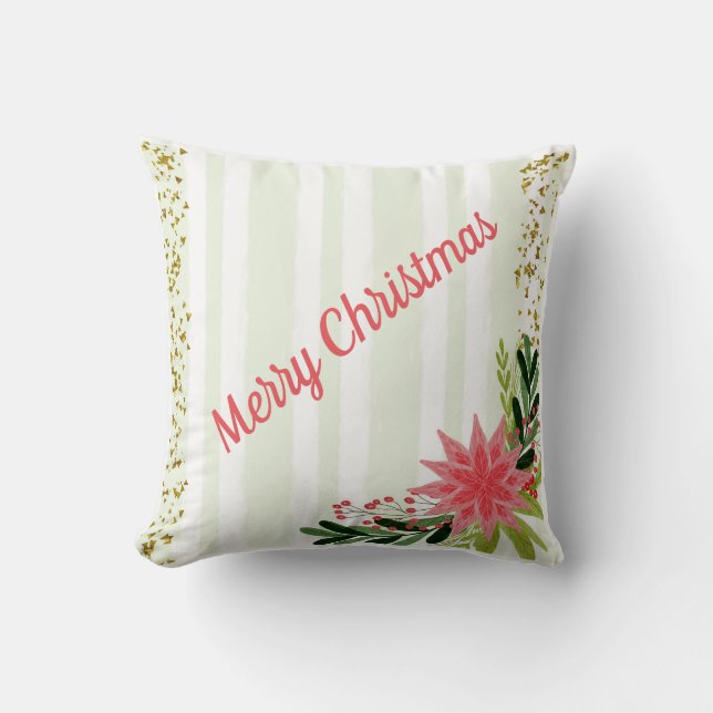 Red Green Gold Sparkle Poinsettia Christmas Throw Pillow (Front)
