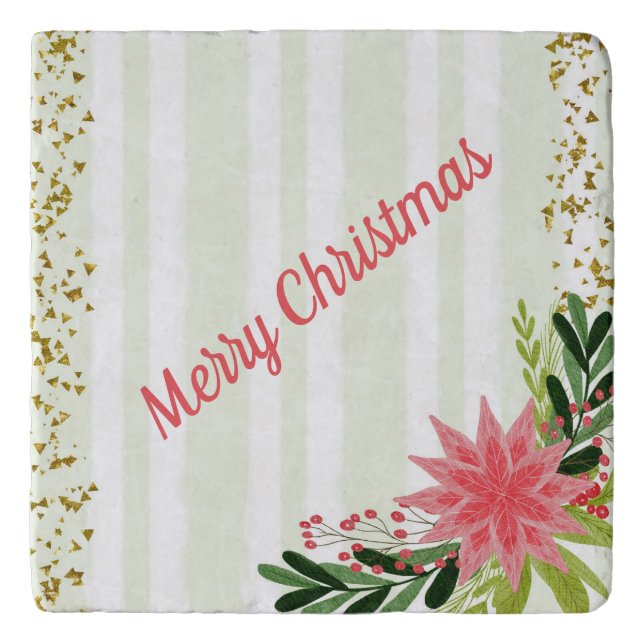Red Green Gold Sparkle Poinsettia Christmas  Trivet (Front)