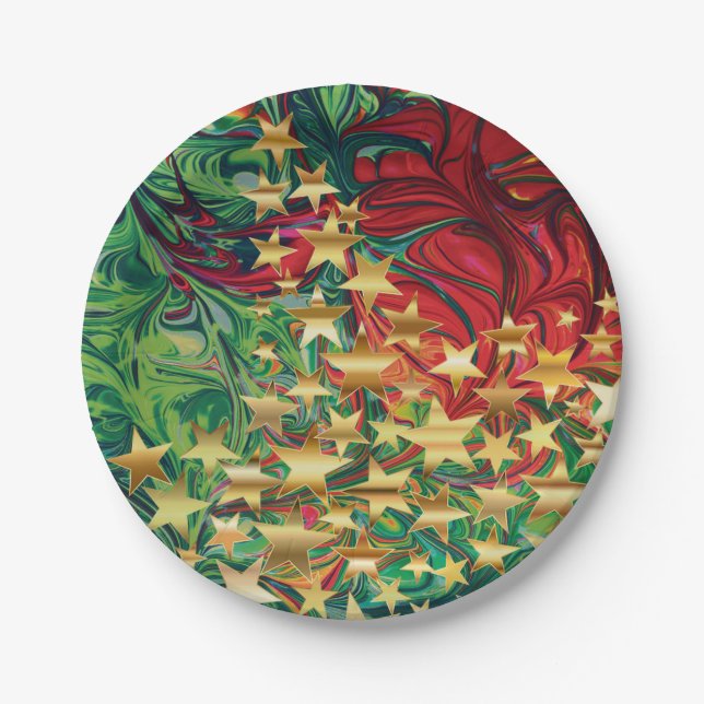 Red Green Gold Stars Christmas Festive Party Paper Plates (Front)