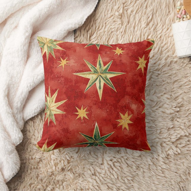 Red Green Gold Stars Christmas Throw Pillow (Blanket)