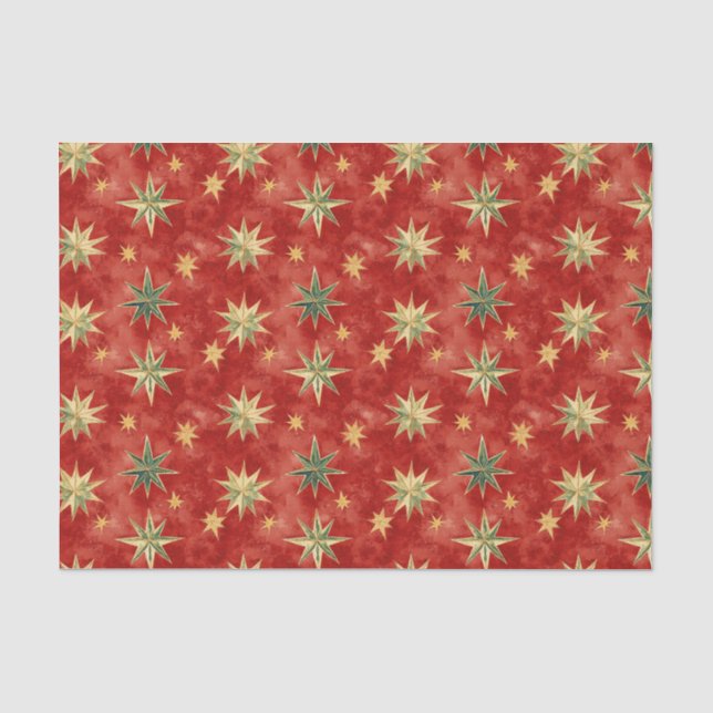Red Green Gold Stars Christmas Tissue Paper (Front)
