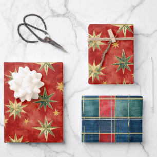 Red Green Gold Stars Christmas Wrapping Paper Sheets