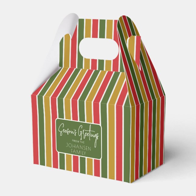 Red, Green, Gold Striped Holiday Greeting Favor Boxes (Front Side)