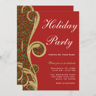 Red Green Gold Swirl Christmas Holiday Party Invitation