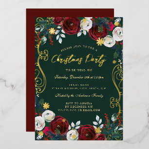 Red Green Gold Swirl Floral Christmas Party Foil Invitation