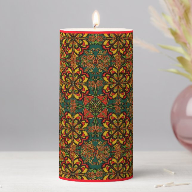 Red, Green & Gold Tapestry Pattern Christmas Pillar Candle (In Situ)