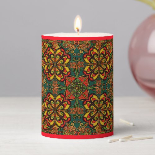 Red Green  Gold Tapestry Pattern Christmas Pillar Candle