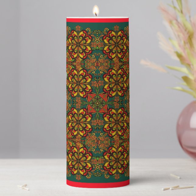 Red, Green & Gold Tapestry Pattern Christmas Pillar Candle (In Situ)