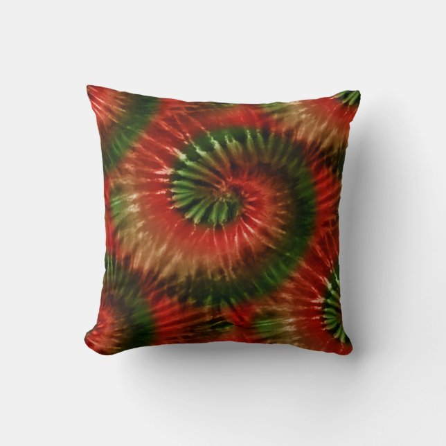 Red Green & Gold Tie Dye Starburst Spiral Retro Throw Pillow (Front)