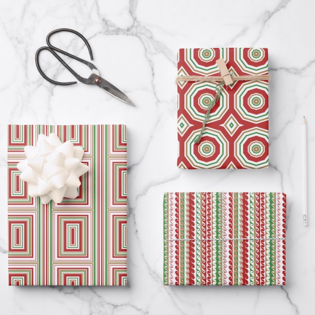 Red, green gold Trio Wrapping Paper Sheets (Front)
