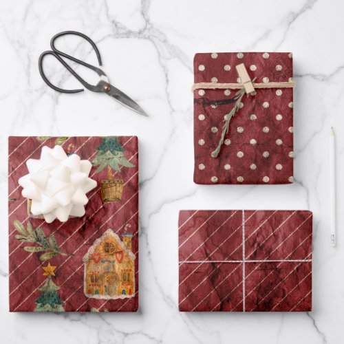 Red Green Gold Vintage Christmas Houses Wrapping Paper Sheets