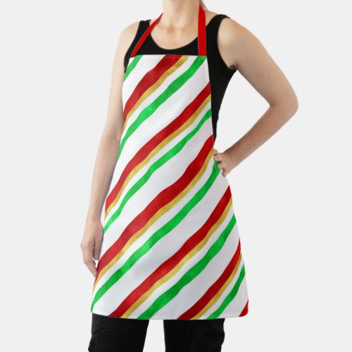 Red Green Gold Watercolor Candy Cane Stripes    Apron