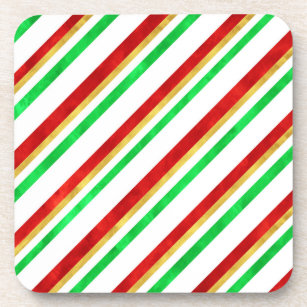 Red Green Gold Watercolor Candy Cane Stripes Beverage Coaster