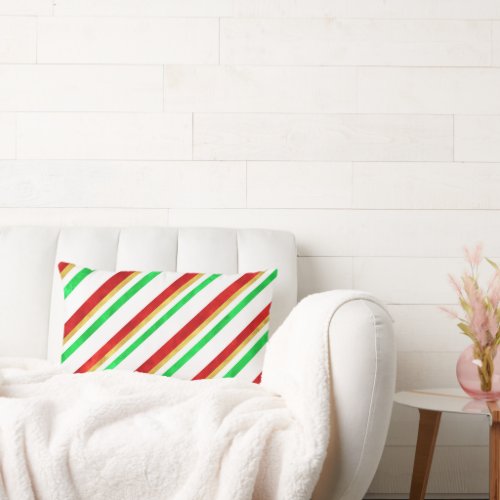 Red Green Gold Watercolor Candy Cane Stripes Lumbar Pillow