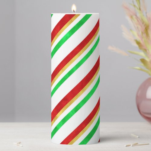 Red Green Gold Watercolor Candy Cane Stripes   Pillar Candle