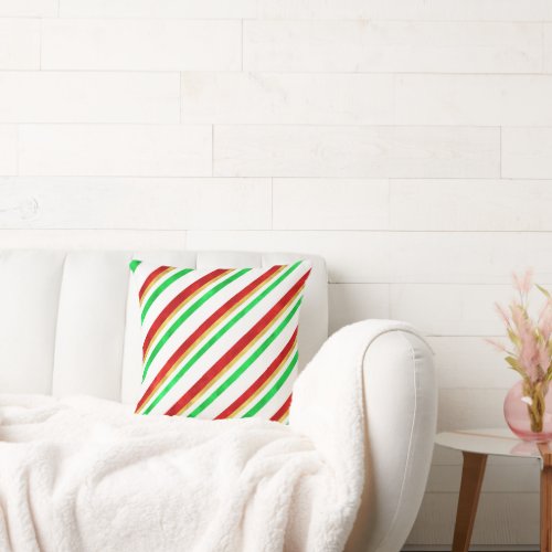 Red Green Gold Watercolor Candy Cane Stripes Throw Pillow
