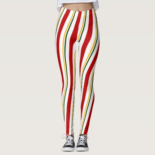 Red Green Gold White Candy Cane Stripes Christmas Leggings