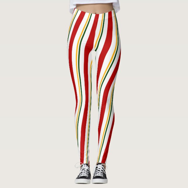Red Green Gold White Candy Cane Stripes Christmas Leggings (Front)