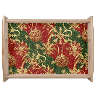 RED GREEN GOLD WINTER HOLIDAY SNOWFLAKES & BALLS SERVING TRAY