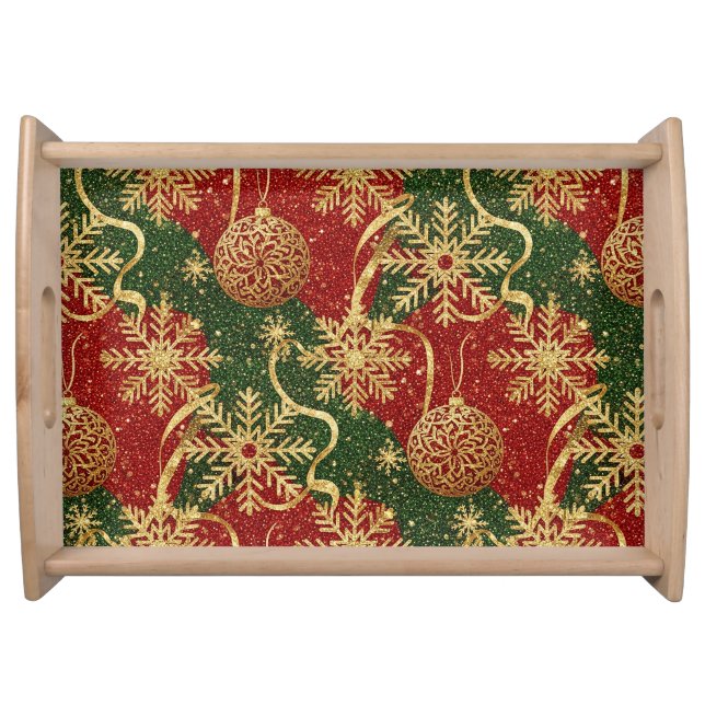 RED GREEN GOLD WINTER HOLIDAY SNOWFLAKES & BALLS SERVING TRAY (Front)