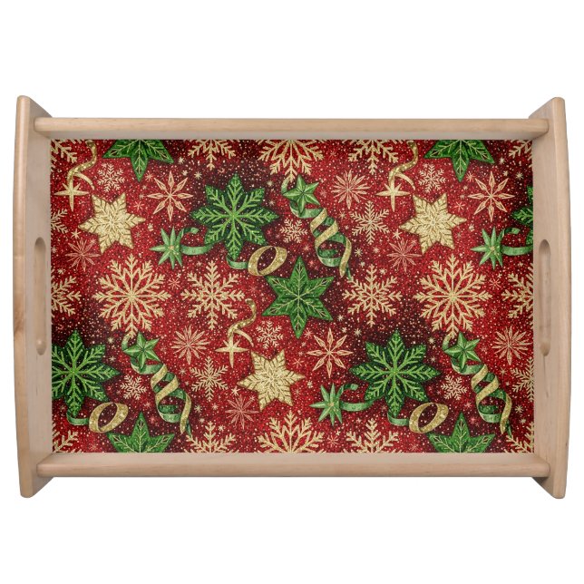 RED GREEN GOLD WINTER HOLIDAY SNOWFLAKES SERVING TRAY (Front)