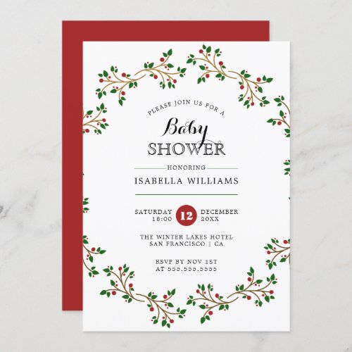 Red, Green & Gold Winter Wreath | Baby Shower Invitation - Create your own Red, Green & Gold Winter Wreath | Baby Shower invitations with these easy-to-use templates designed by Eugene Designs.