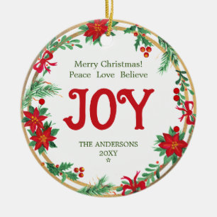 Red Green Gold Wreath Joy Modern Merry Christmas Ceramic Ornament